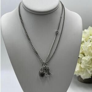 Vintage Juicy Couture Silver Tone Rolo Chain With 3 Charm Crystal Crest Necklace